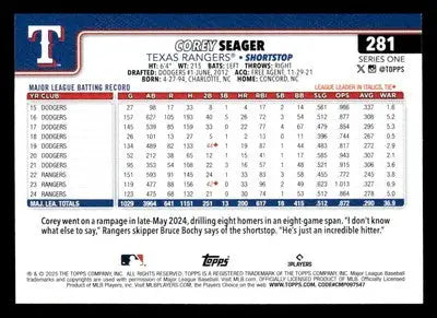 2025 Topps #281 Corey Seager - Baseball Card Single