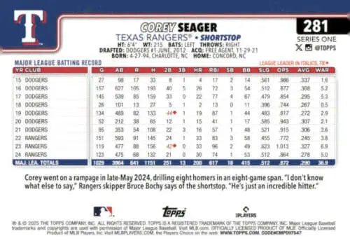 2025 Topps Corey Seager baseball card with original gloss, NM-MT condition