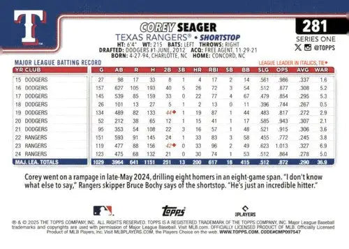 2025 Topps #281 Corey Seager NM-MT Rangers ID:77010 - Baseball Card Single