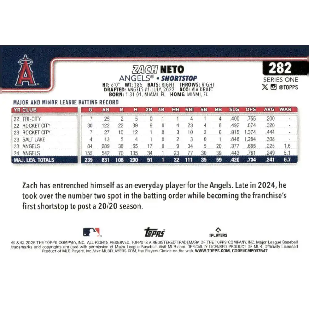 2025 Topps #282 Zach Neto NM-MT Los Angeles Angels Baseball Card - Baseball Card Single
