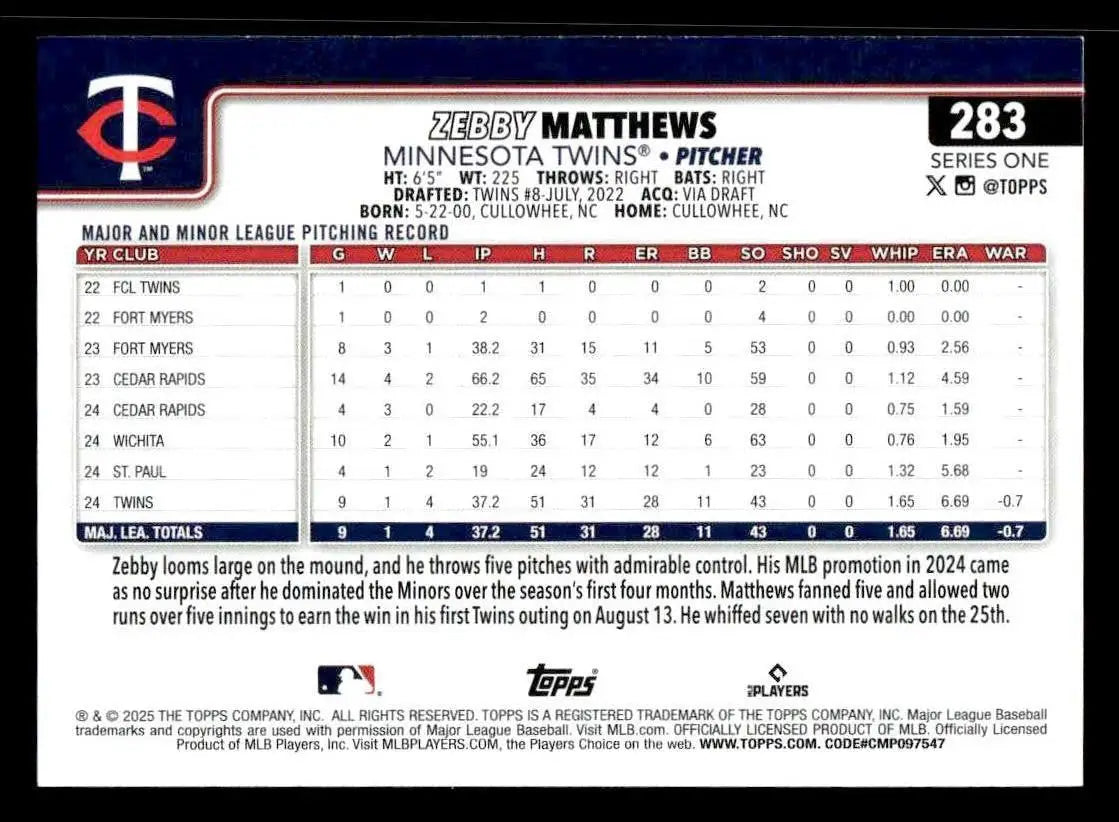 2025 Topps #283 Zebby Matthews - Baseball Card Single