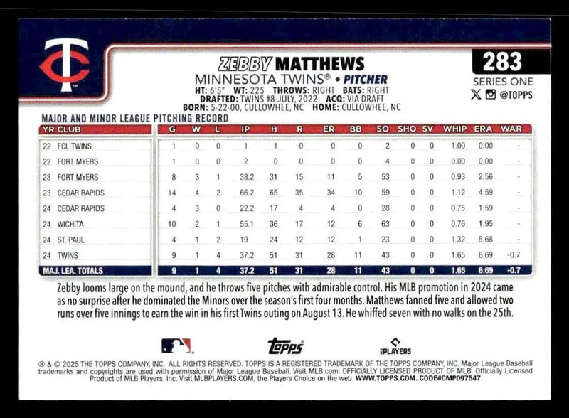 2025 Topps #283 Zebby Matthews - Baseball Card Single