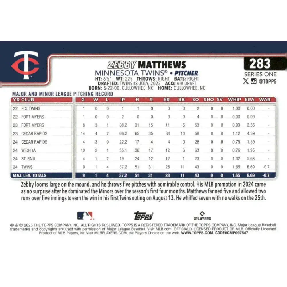 2025 Topps #283 Zebby Matthews NM-MT RC Rookie Minnesota Twins Baseball Card - Baseball Card Single