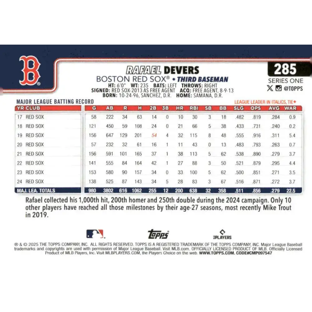 2025 Topps #285 Rafael Devers NM-MT Boston Red Sox Baseball Card - Baseball Card Single