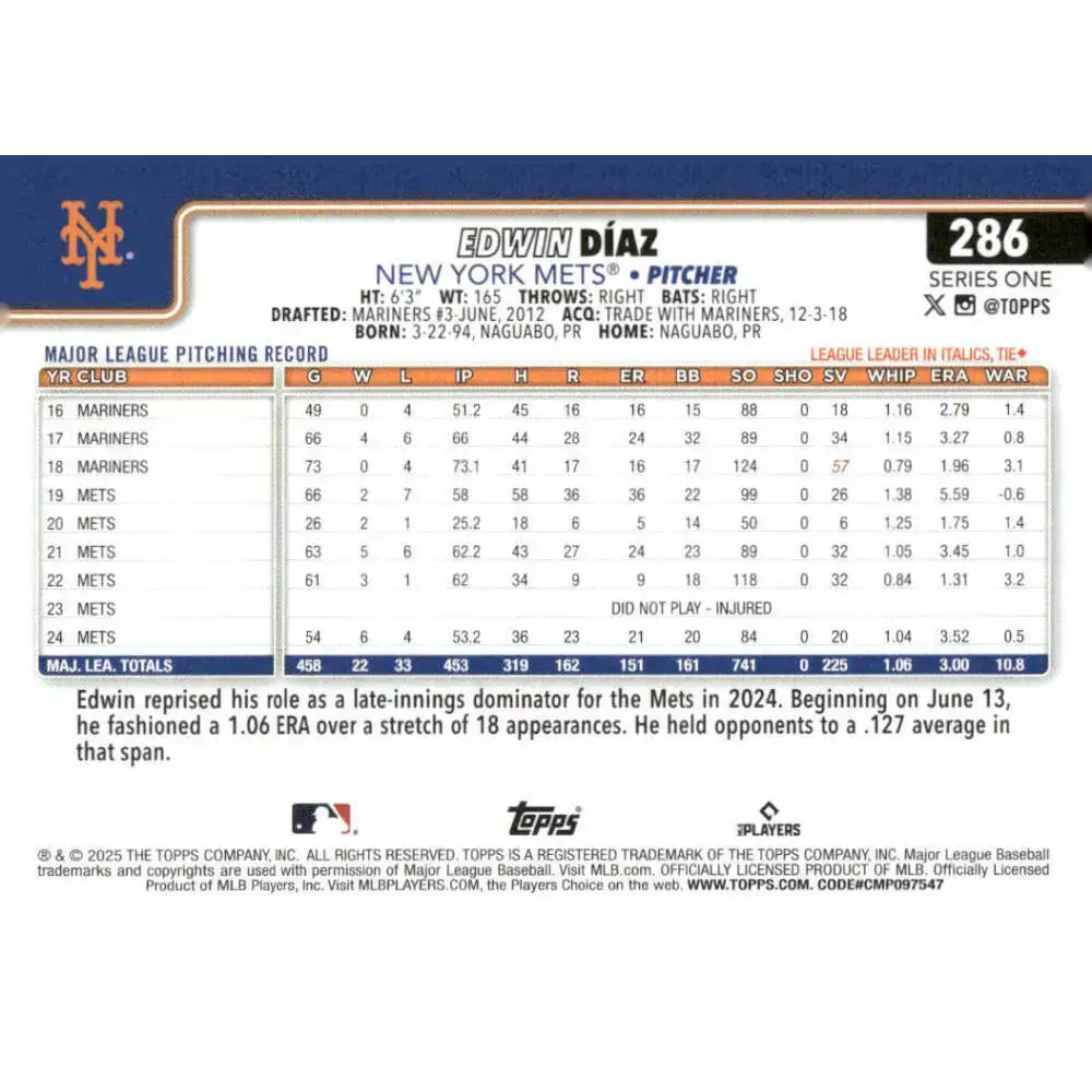 2025 Topps #286 Edwin Diaz NM-MT New York Mets Baseball Card - Baseball Card Single