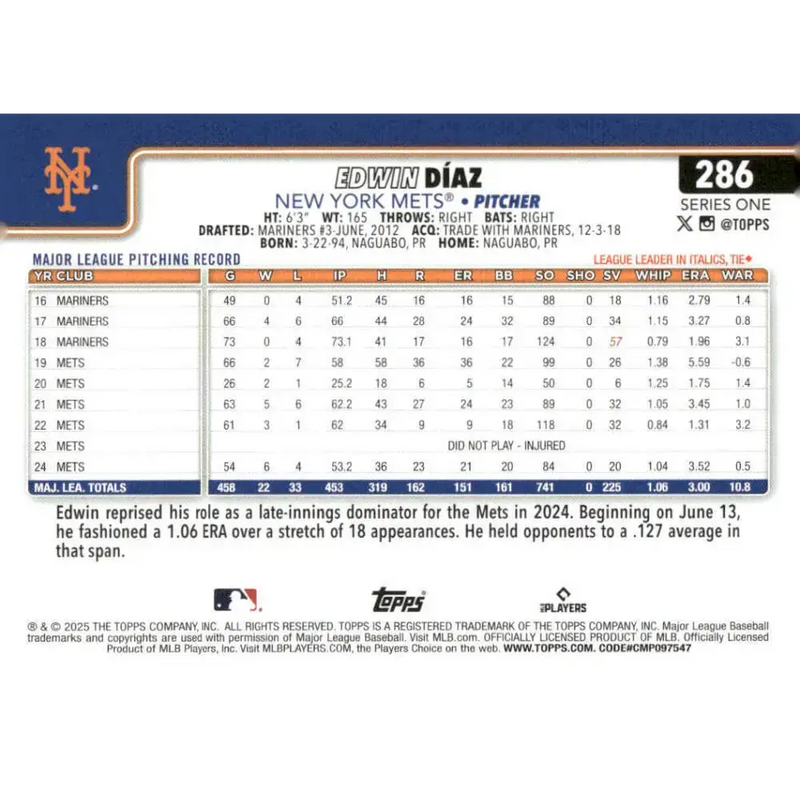 2025 Topps #286 Edwin Diaz NM-MT New York Mets Baseball Card - Baseball Card Single