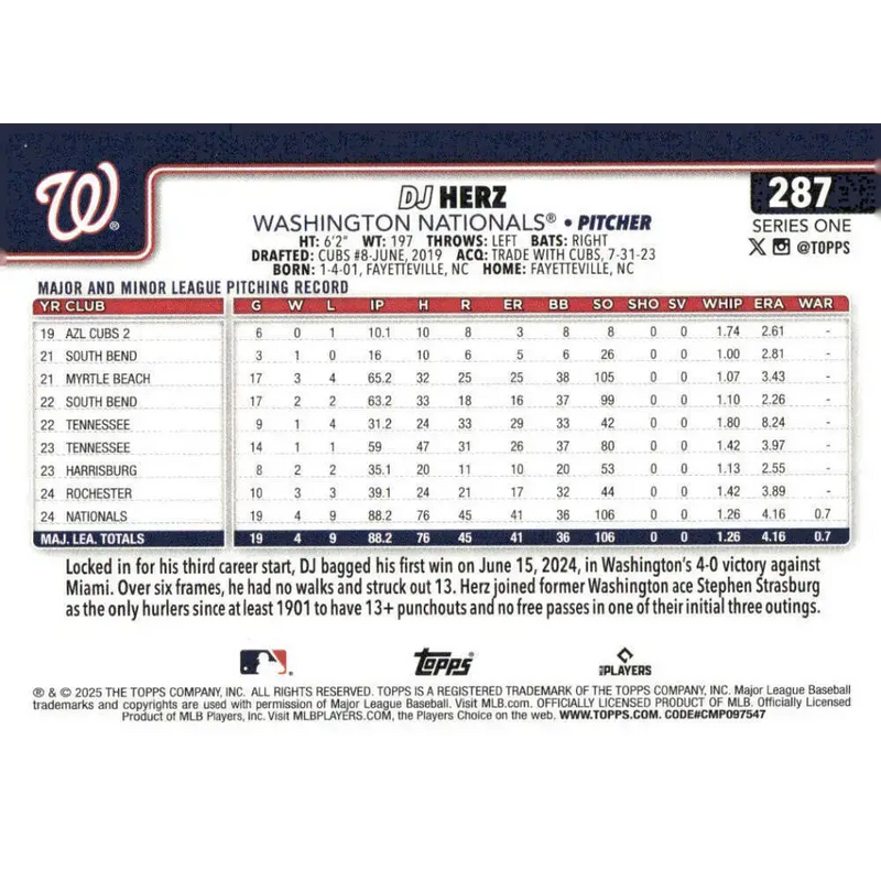 2025 Topps #287 DJ Herz NM-MT RC Rookie Washington Nationals Baseball Card - Baseball Card Single