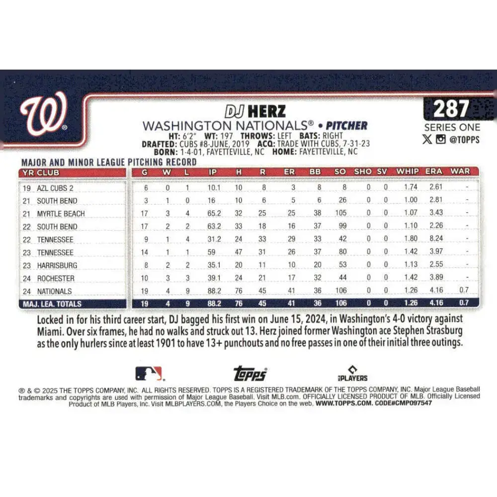 2025 Topps #287 DJ Herz NM-MT RC Rookie Washington Nationals Baseball Card - Baseball Card Single
