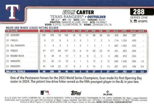 Original gloss baseball trading card of Evan Carter from 2025 Topps #288 Rangers