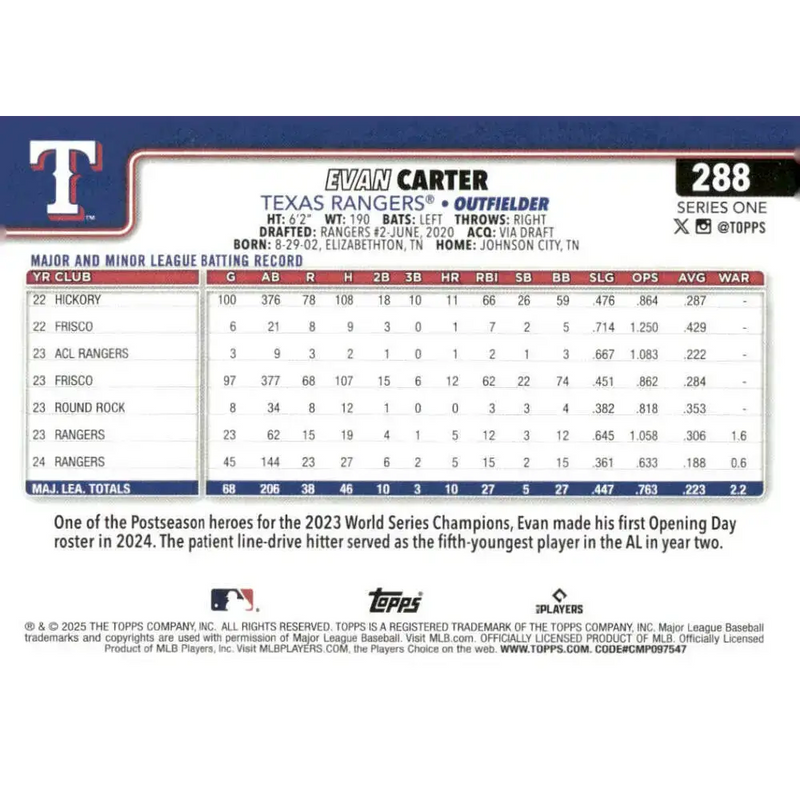 2025 Topps #288 Evan Carter NM-MT Texas Rangers Baseball Card - Baseball Card Single