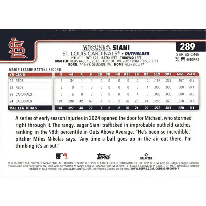 2025 Topps #289 Michael Siani NM-MT St Louis Cardinals Baseball Card - Baseball Card Single