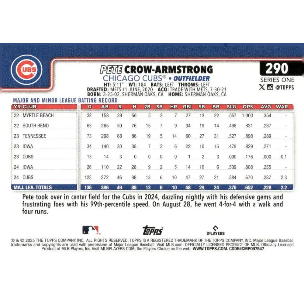 2025 Topps #290 Pete Crow-Armstrong NM-MT Chicago Cubs Baseball Card - Baseball Card Single