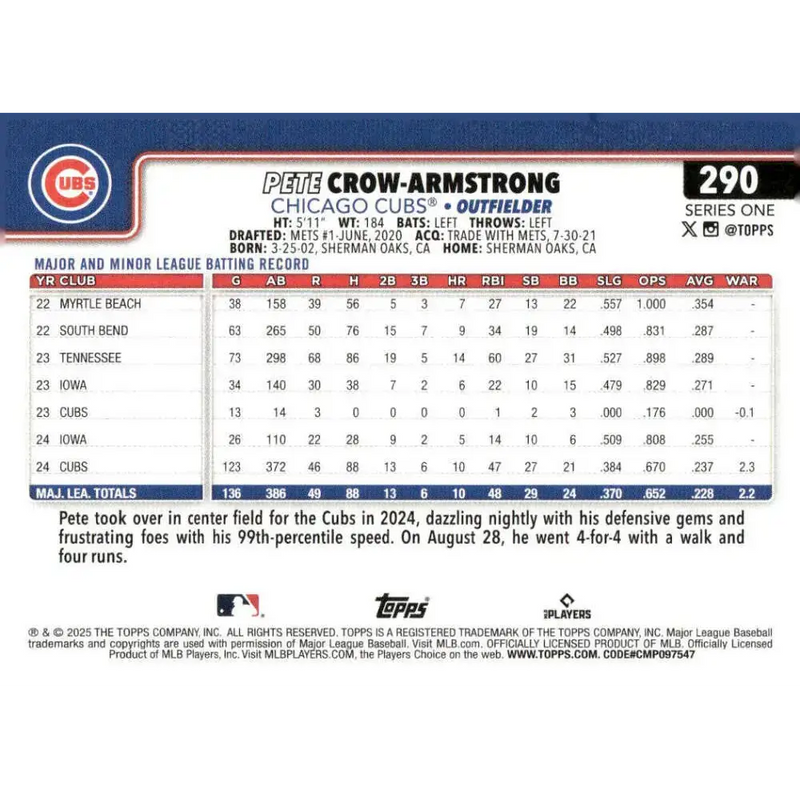 2025 Topps #290 Pete Crow-Armstrong NM-MT Chicago Cubs Baseball Card - Baseball Card Single