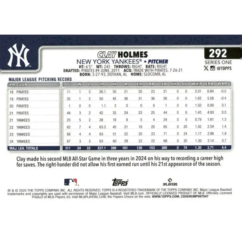 2025 Topps #292 Clay Holmes NM-MT New York Yankees Baseball Card - Baseball Card Single