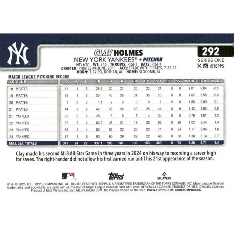 2025 Topps #292 Clay Holmes NM-MT New York Yankees Baseball Card