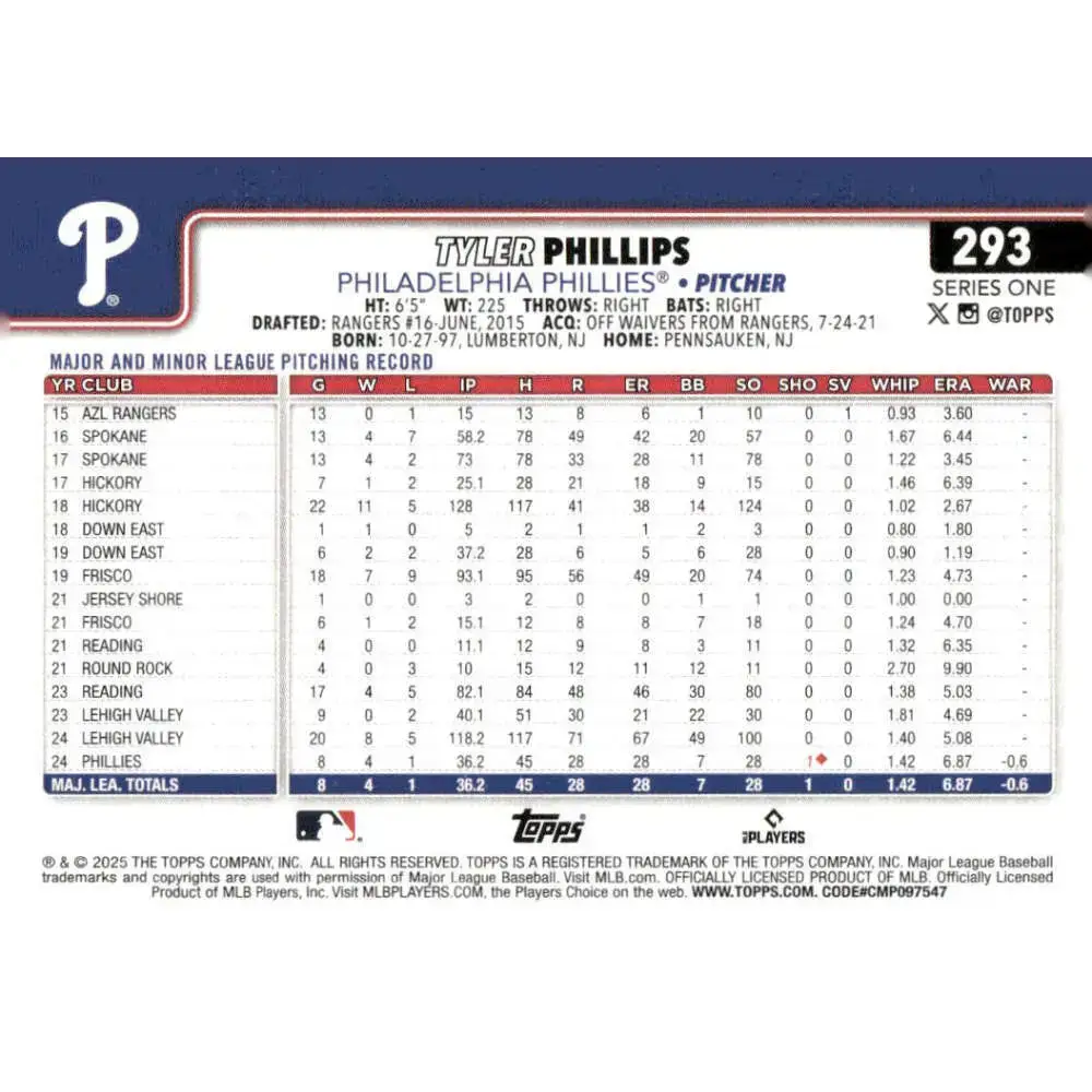 2025 Topps #293 Tyler Phillips NM-MT RC Rookie Philadelphia Phillies Baseball Card - Baseball Card Single