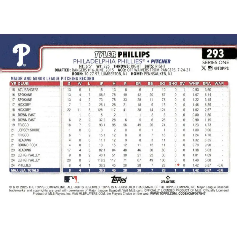 2025 Topps #293 Tyler Phillips NM-MT RC Rookie Philadelphia Phillies Baseball Card - Baseball Card Single