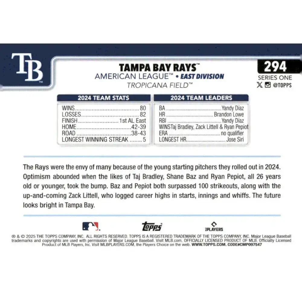 2025 Topps #294 Tampa Bay Rays NM-MT Tampa Bay Rays Baseball Card - Baseball Card Single