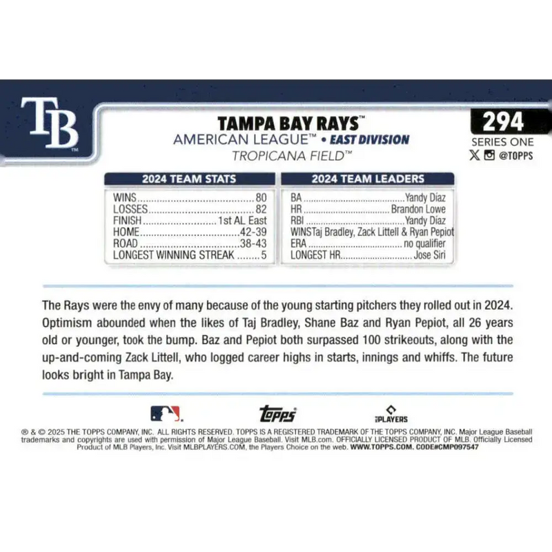 2025 Topps #294 Tampa Bay Rays NM-MT Tampa Bay Rays Baseball Card - Baseball Card Single