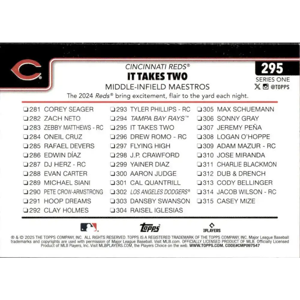 2025 Topps #295 Elly De La Cruz NM-MT Cincinnati Reds Baseball Card - Baseball Card Single