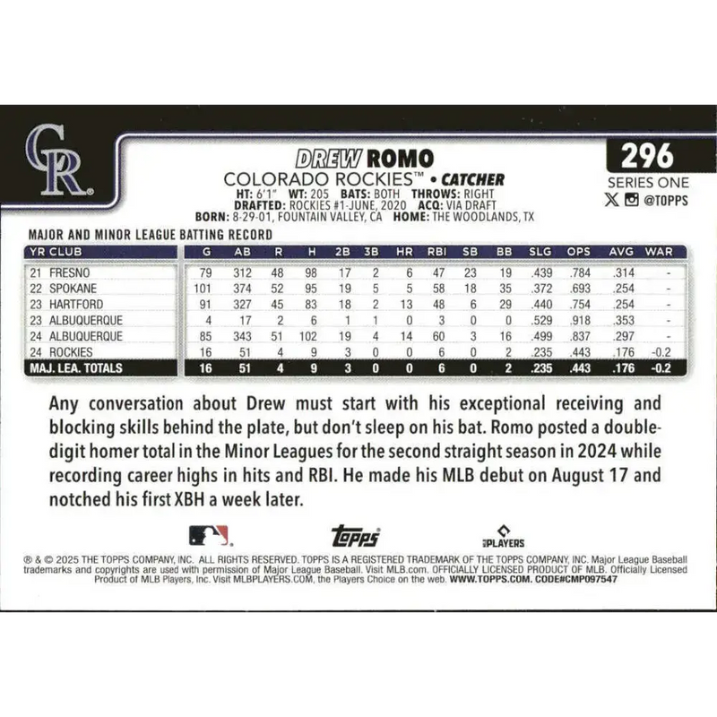 2025 Topps #296 Drew Romo NM-MT RC Rookie Colorado Rockies Baseball Card - Baseball Card Single