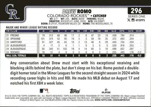 2025 Topps #296 Drew Romo NM-MT RC Rookie Rockies - Baseball Card Single
