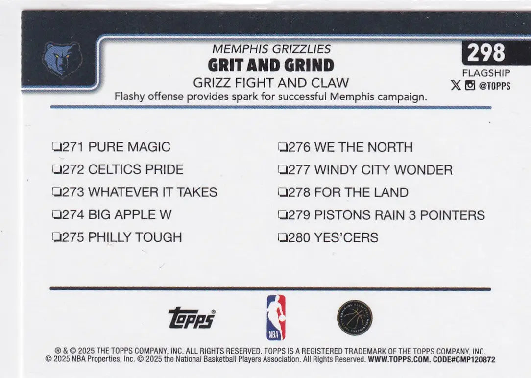 2025 TOPPS #298 GRIT AND GRIND REFRACTOR- MEMPHIS GRIZZLIES - Basketball Card Single