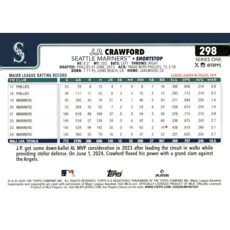 2025 Topps #298 J.P. Crawford NM-MT Seattle Mariners Baseball Card - Baseball Card Single