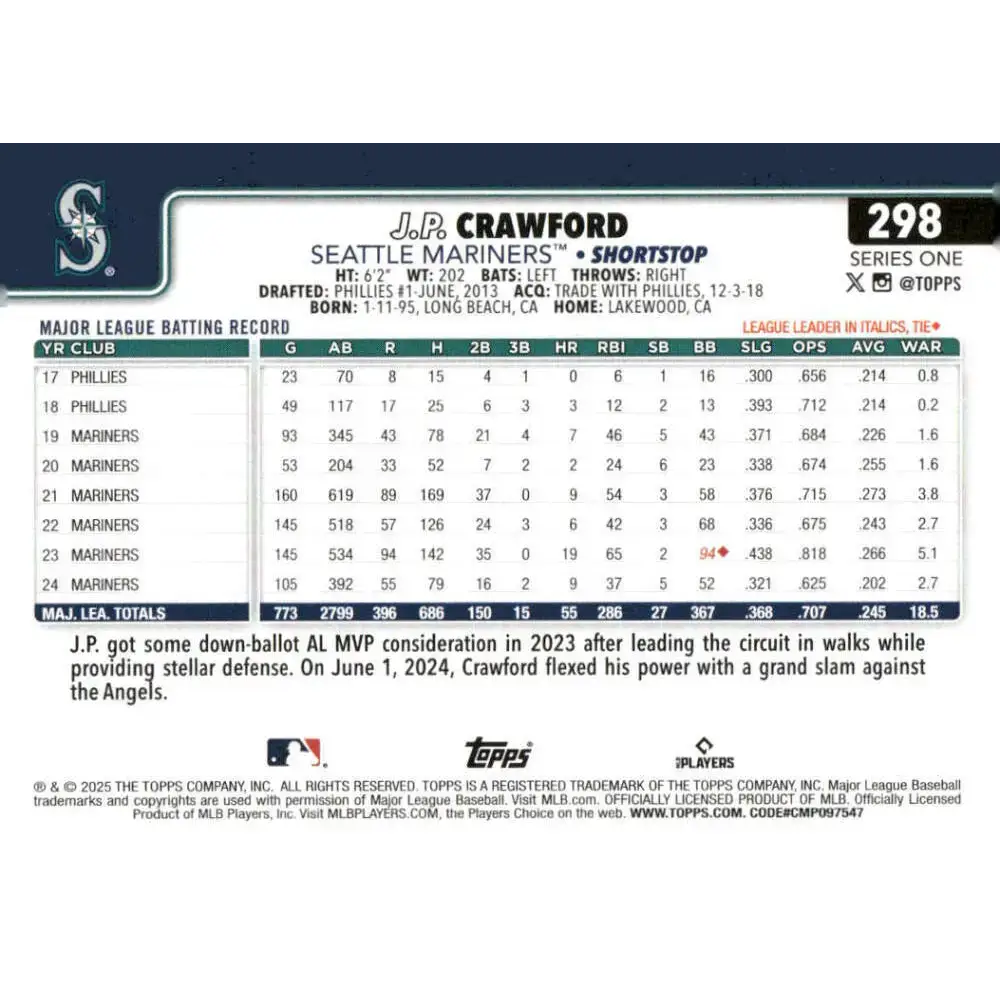 2025 Topps #298 J.P. Crawford NM-MT Seattle Mariners Baseball Card - Baseball Card Single