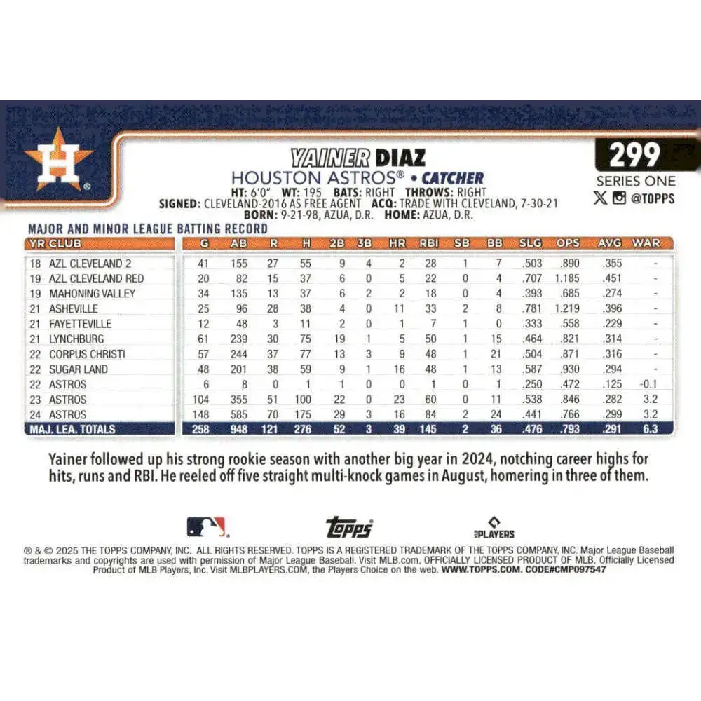 2025 Topps #299 Yainer Diaz NM-MT Houston Astros Baseball Card - Baseball Card Single