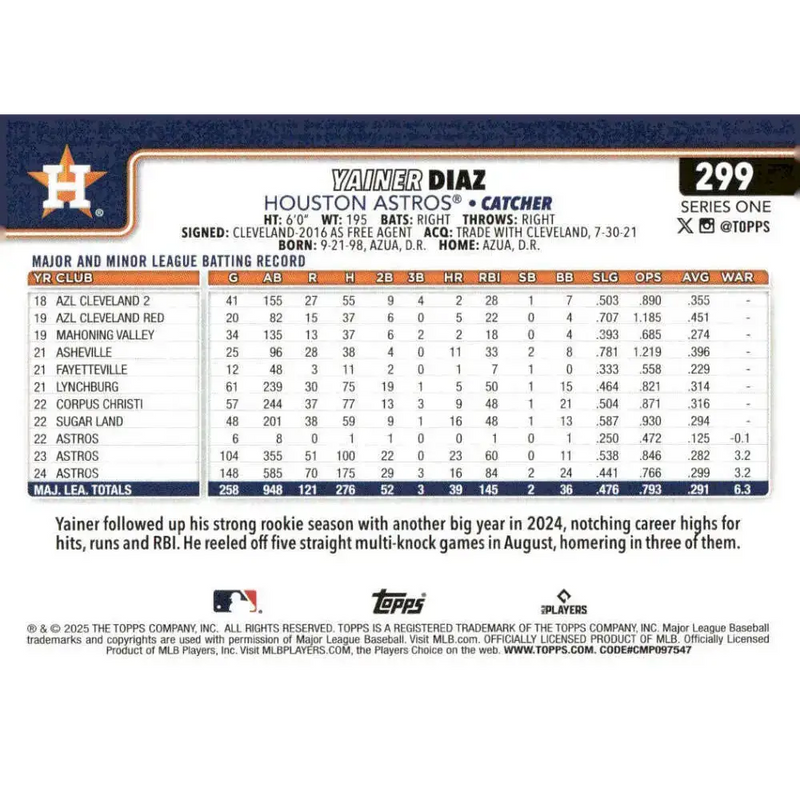 2025 Topps #299 Yainer Diaz NM-MT Houston Astros Baseball Card - Baseball Card Single
