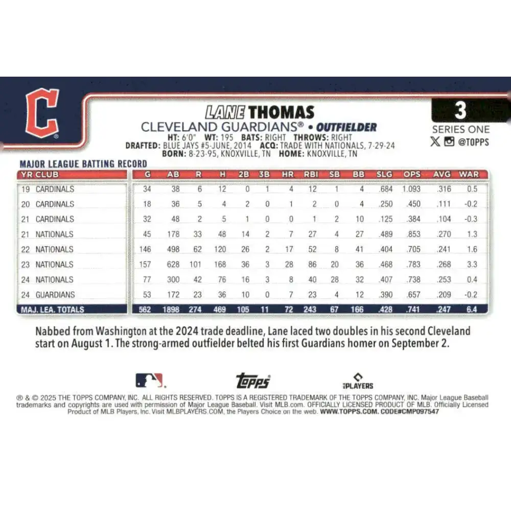 2025 Topps #3 Lane Thomas NM-MT Cleveland Guardians Baseball Card - Baseball Card Single
