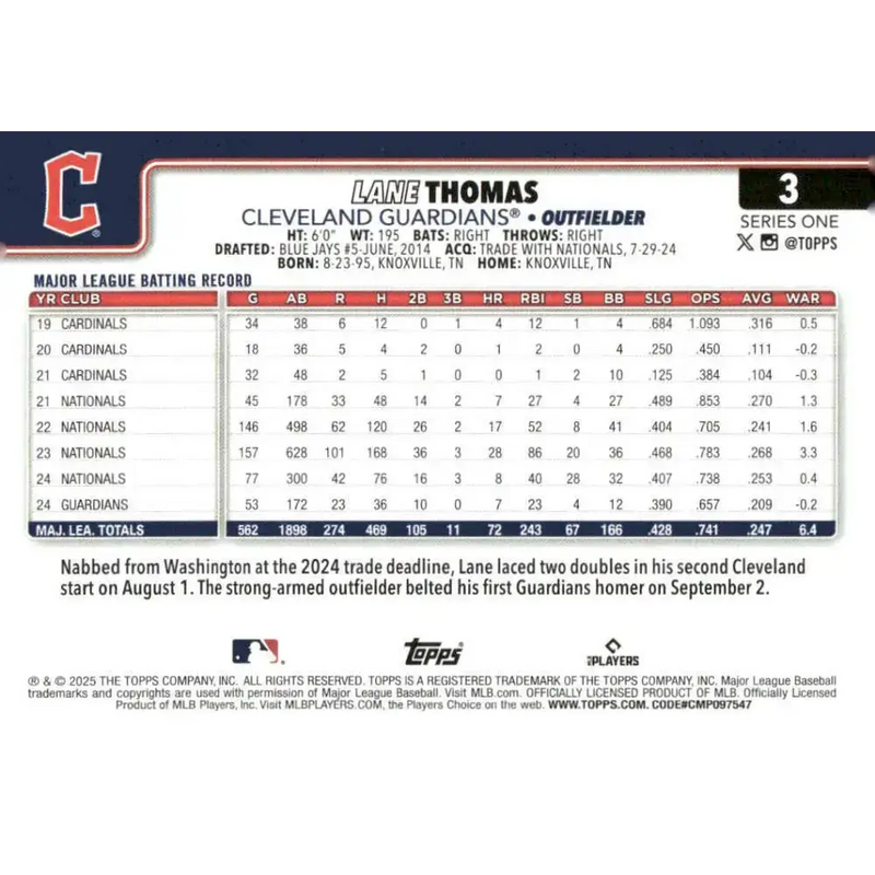 2025 Topps #3 Lane Thomas NM-MT Cleveland Guardians Baseball Card - Baseball Card Single