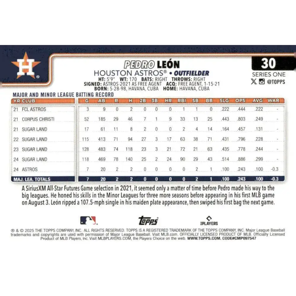 2025 Topps #30 Pedro Leon NM-MT RC Rookie Houston Astros Baseball Card - Baseball Card Single