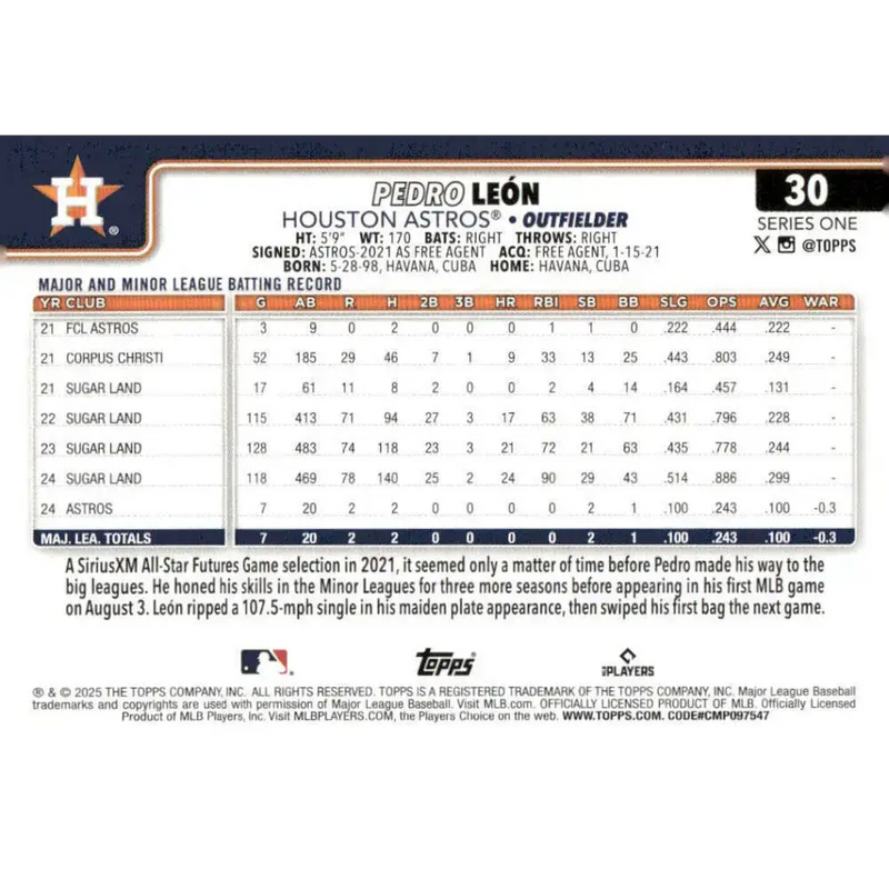 2025 Topps #30 Pedro Leon NM-MT RC Rookie Houston Astros Baseball Card - Baseball Card Single