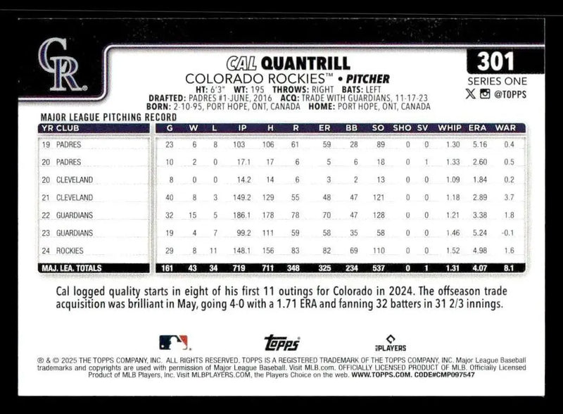 2025 Topps #301 Cal Quantrill - Baseball Card Single