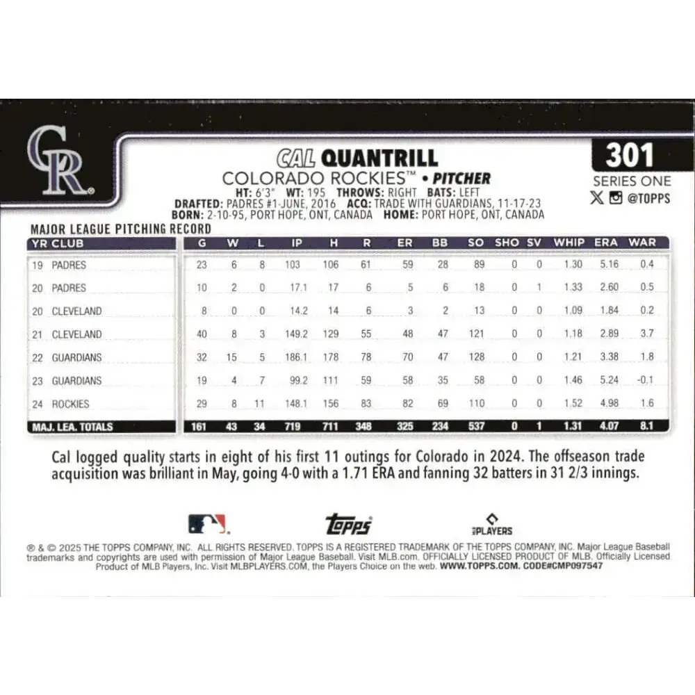 2025 Topps #301 Cal Quantrill NM-MT Colorado Rockies Baseball Card - Baseball Card Single