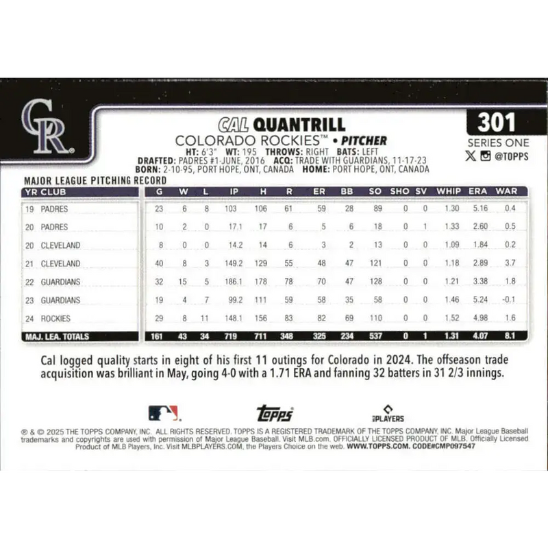 2025 Topps #301 Cal Quantrill NM-MT Colorado Rockies Baseball Card - Baseball Card Single