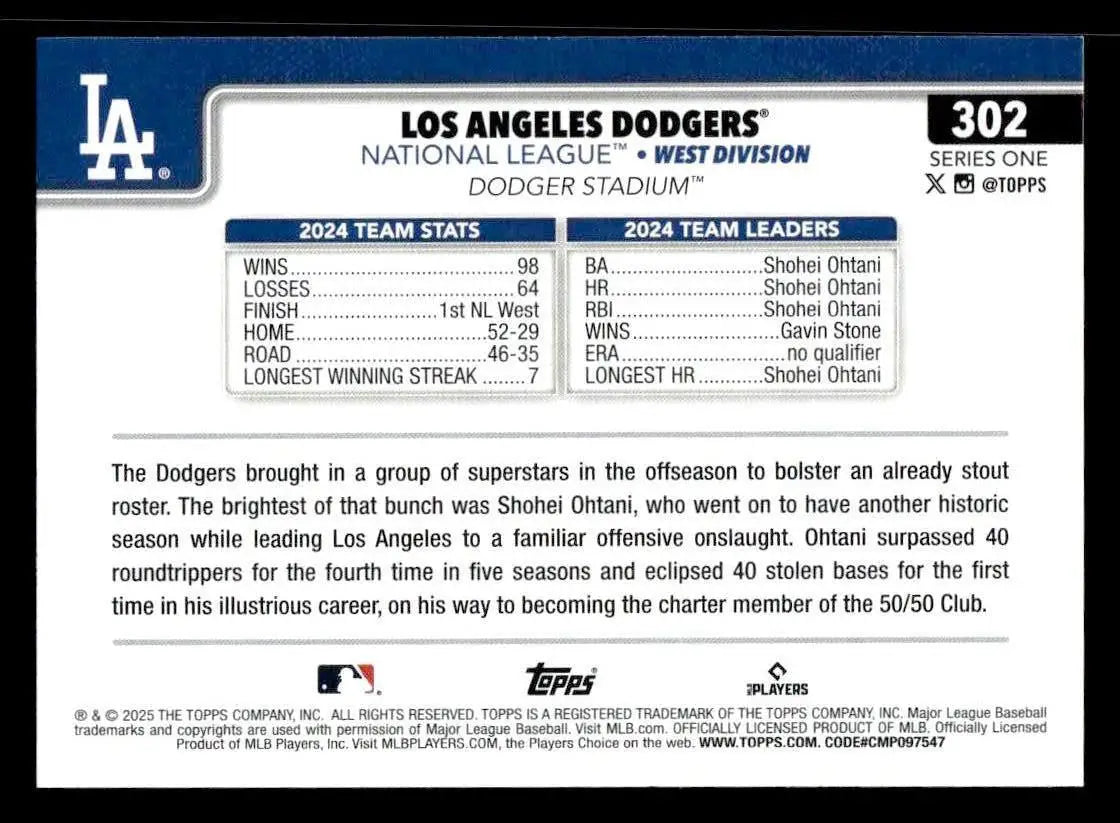 2025 Topps #302 Los Angeles Dodgers - Baseball Card Single