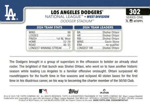 2025 Topps #302 Los Angeles Dodgers NM-MT Dodgers - Baseball Card Single