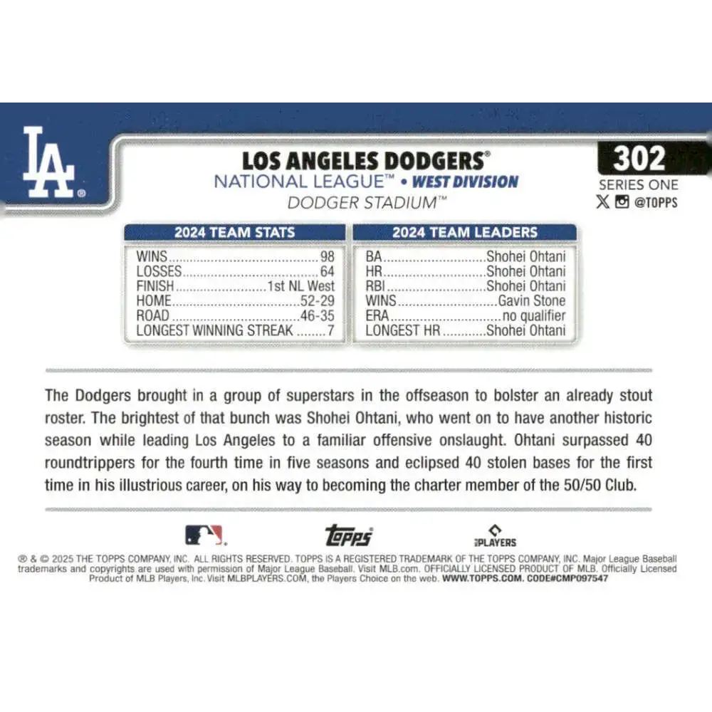 2025 Topps #302 Los Angeles Dodgers NM-MT Los Angeles Dodgers Baseball Card - Baseball Card Single