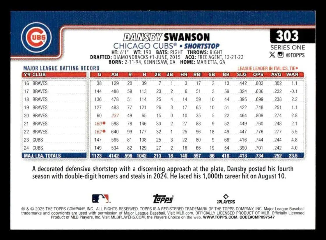 2025 Topps #303 Dansby Swanson - Baseball Card Single