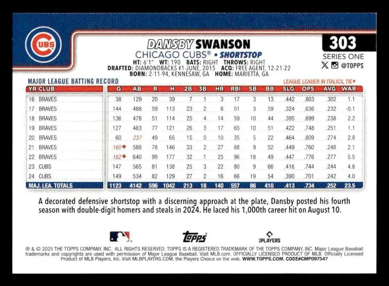 2025 Topps #303 Dansby Swanson - Baseball Card Single
