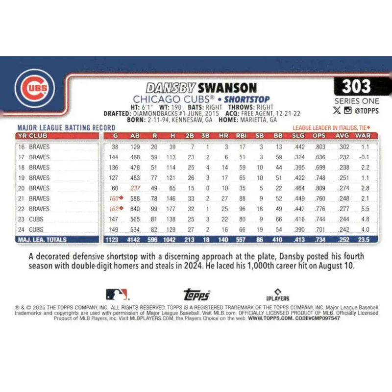 2025 Topps #303 Dansby Swanson NM-MT Chicago Cubs Baseball Card - Baseball Card Single