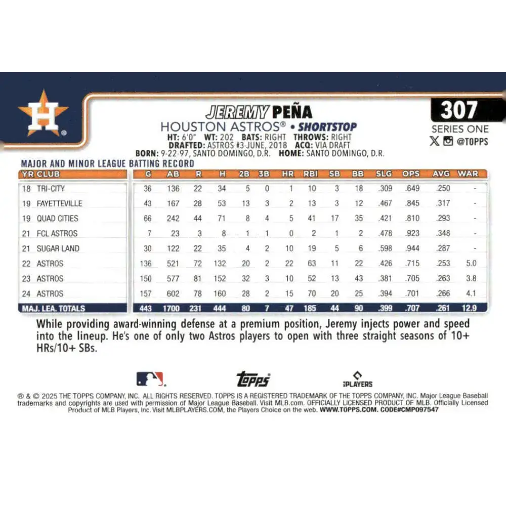2025 Topps #307 Jeremy Pena NM-MT Houston Astros Baseball Card - Baseball Card Single