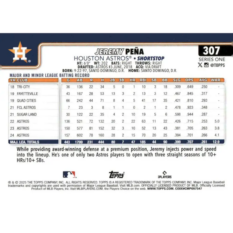 2025 Topps #307 Jeremy Pena NM-MT Houston Astros Baseball Card - Baseball Card Single