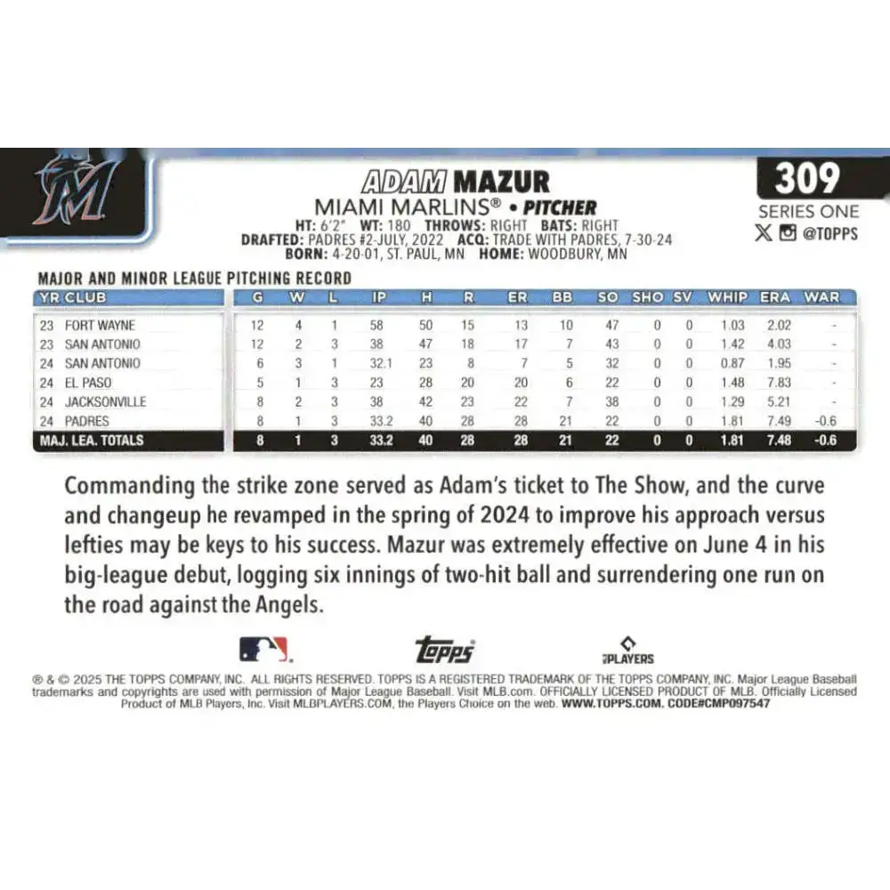 2025 Topps #309 Adam Mazur NM-MT RC Rookie Miami Marlins Baseball Card - Baseball Card Single