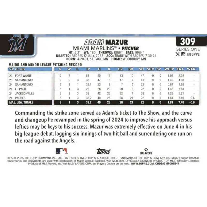 2025 Topps #309 Adam Mazur NM-MT RC Rookie Miami Marlins Baseball Card - Baseball Card Single
