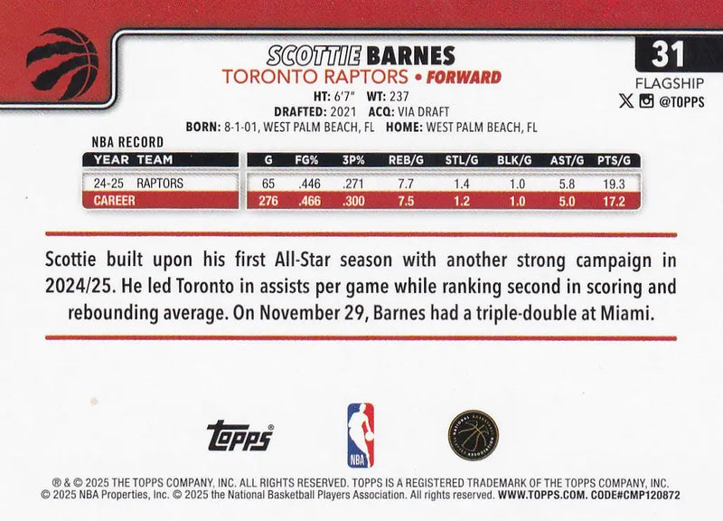2025 TOPPS #31 SCOTTIE BARNES REFRACTOR- TORONTO RAPTORS