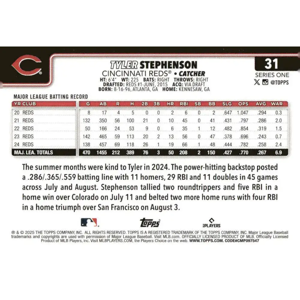 2025 Topps #31 Tyler Stephenson NM-MT Cincinnati Reds Baseball Card - Baseball Card Single